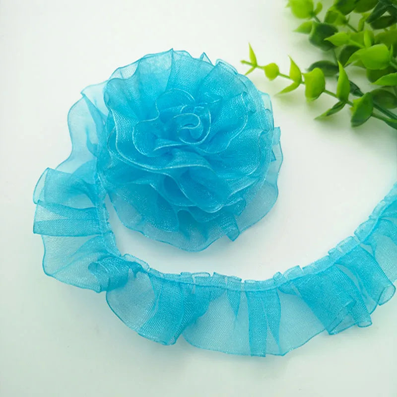 ruban plissé polyester nylon largeur 25mm dentelle organza écologique élastique soluble eau bleu rose