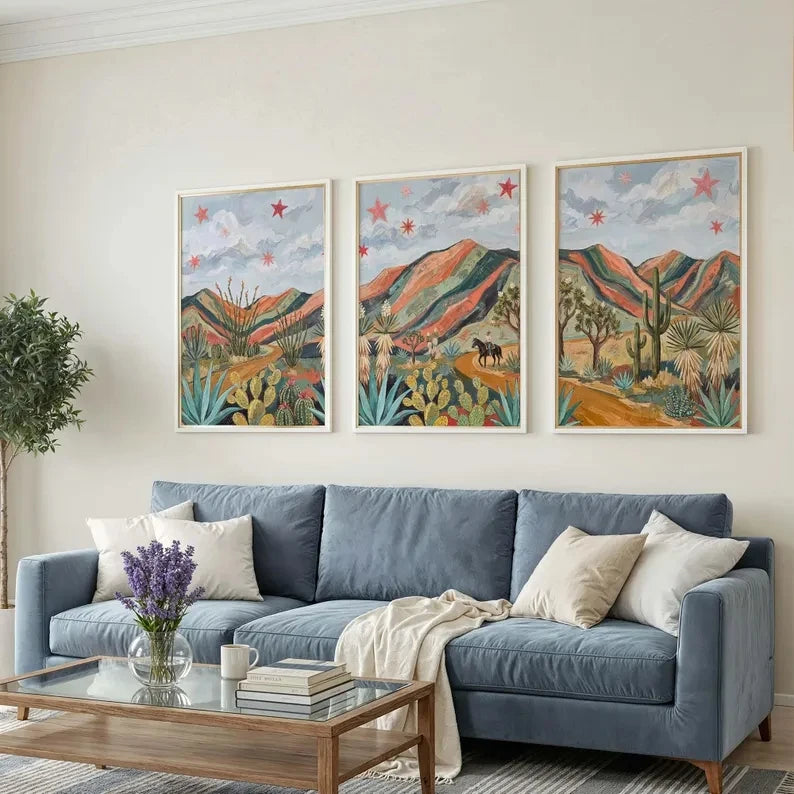 tableaux muraux modernes toile imprimée cactus paysage désertique multicolore cadre bois chambre salon decoration