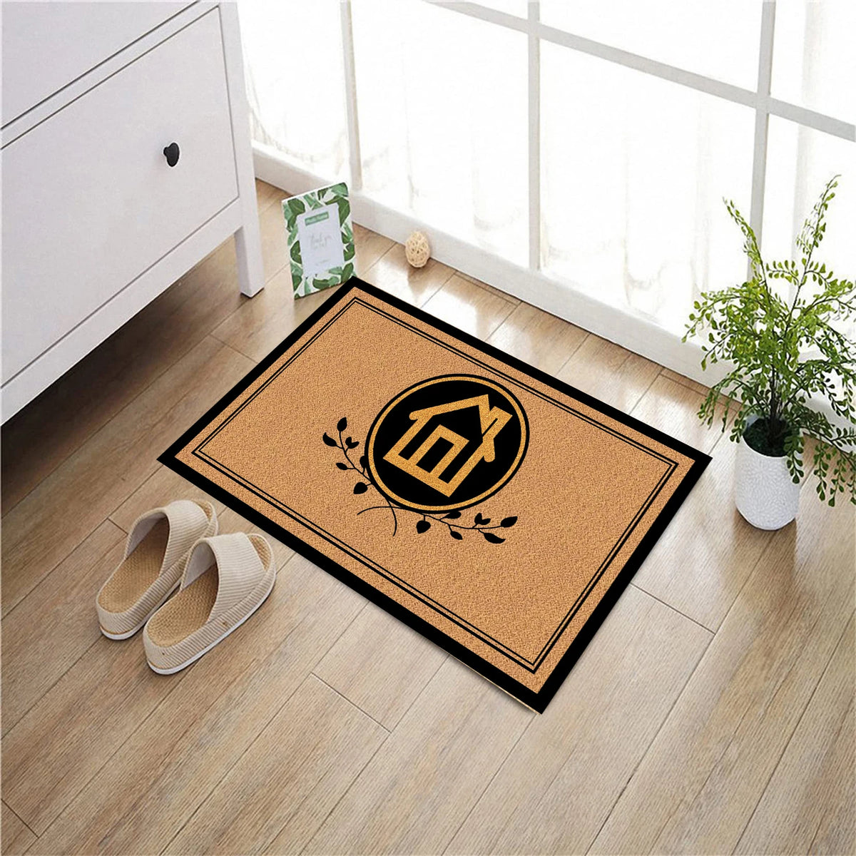 tapis d'entrée marron clair motif maison branches bordure noire imperméable antidérapant extérieur intérieur