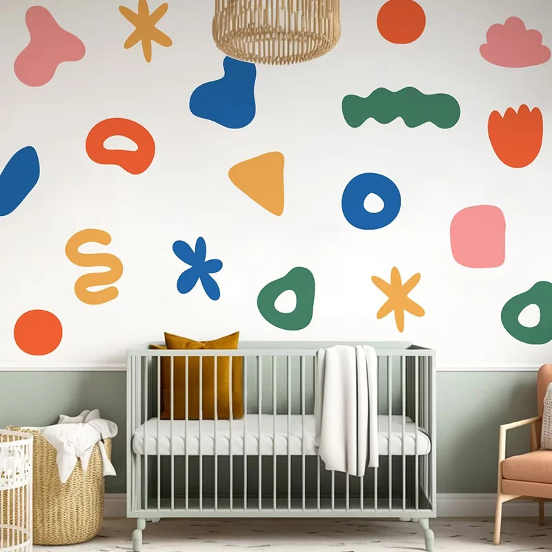sticker mural géométrique fleurs simple moderne enfants bleu vert orange rose jaune gris blanc