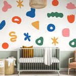 sticker mural géométrique fleurs simple moderne enfants bleu vert orange rose jaune gris blanc