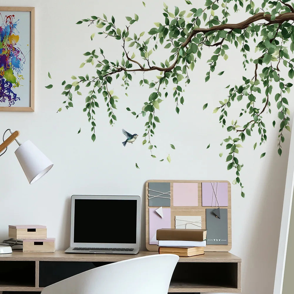 sticker mural feuillage oiseau vert brun naturel adhésif salon chambre décoration amovible fond