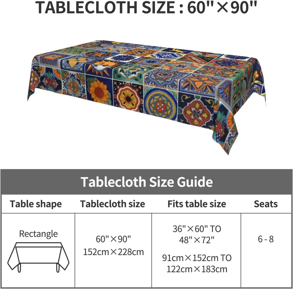 nappe table moderne patchwork géométrique floral bleu vert orange jaune noir réutilisable polyester rectangle