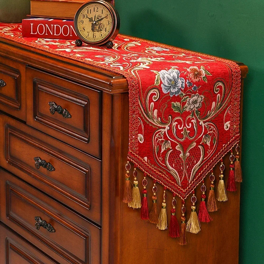chemin table brodé rouge vintage élégant tassel floral coton polyester haut gamme