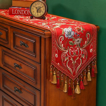 chemin table brodé rouge vintage élégant tassel floral coton polyester haut gamme