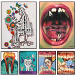 Une collection d'illustrations originales et colorées représentant divers aspects du domaine dentaire, tels que les outils, les procédures et les messages de santé bucco-dentaire.