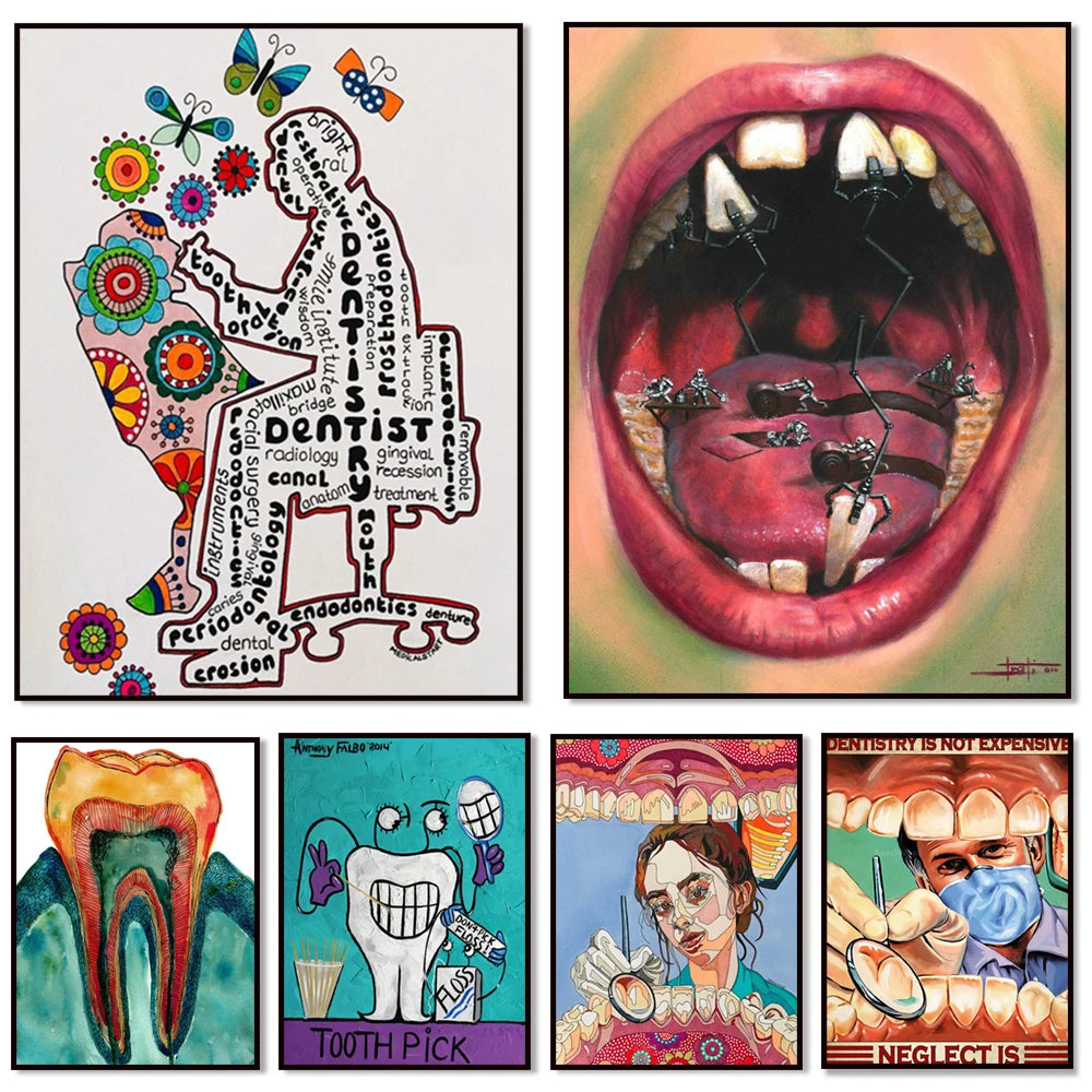 Une collection d'illustrations originales et colorées représentant divers aspects du domaine dentaire, tels que les outils, les procédures et les messages de santé bucco-dentaire.