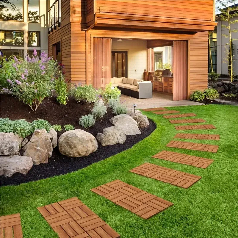 carreaux sol bois naturel marron clair modernes rustiques clips interconnectables extérieur jardin terrasse