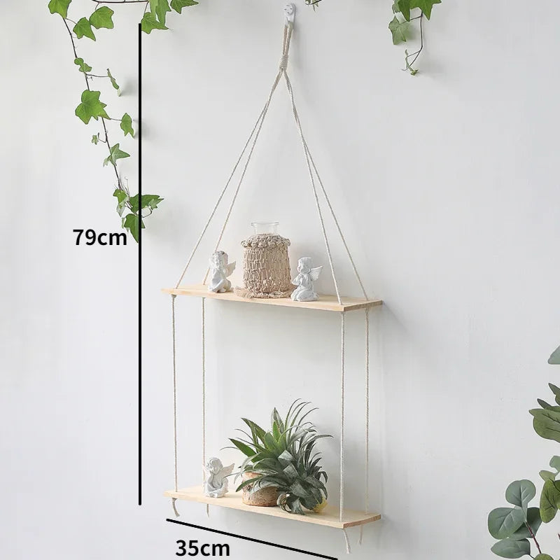 étagères suspendues macramé boho rustique étagères plantes vase céramique cadre photo coussin franges