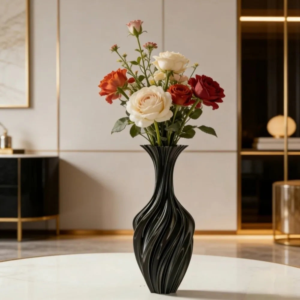 vase decoratif moderne blanc noir rouge motifs ondules plisses aspect satiné sculpture maison arrangement
