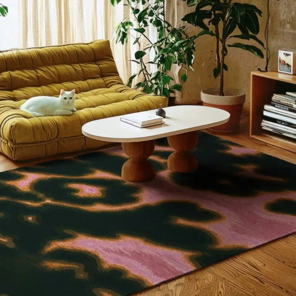 grand tapis salon moderne motif abstrait vert rose noir décoration maison intérieur