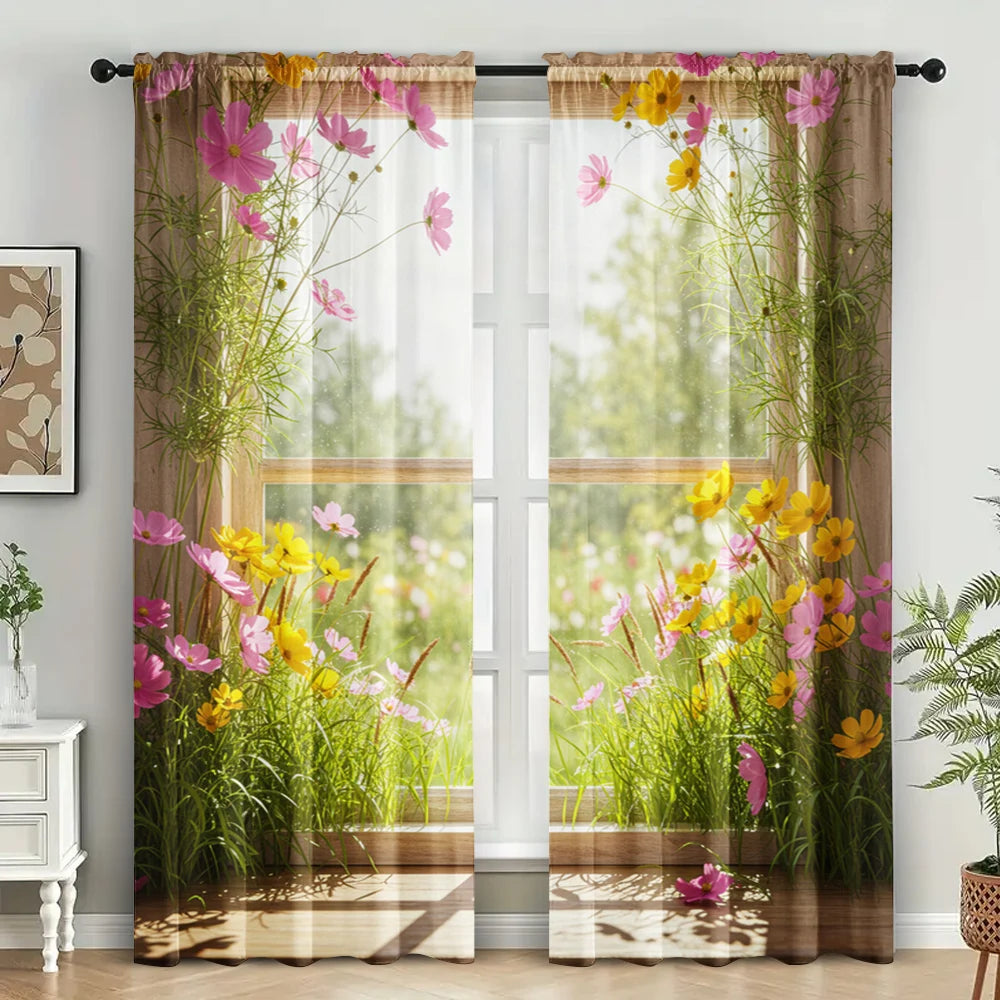 rideau fleuri multicolore semi transparent moderne polyester pièces decoration festive