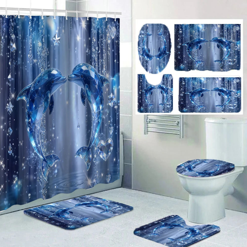 rideau douche bleu dauphins moderne tapis couvercle toilette bain étoiles coeurs anneaux métalliques polyester