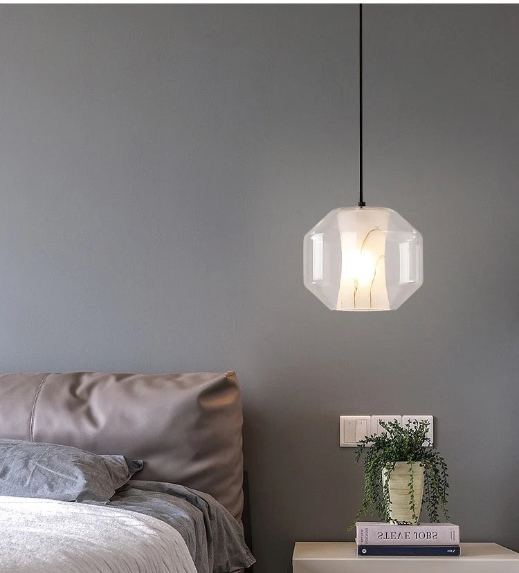 lampe suspendue moderne blanc gris texture dolomite câble ajustable led verre transparent chambre salon