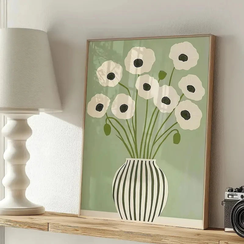 tableau moderne minimaliste toile fleurs blanches vase rayé noir blanc chambre salon decoration cadeau