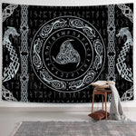 tapisserie art celtique motifs géométriques noirs blancs arbre vie runes oiseaux nordique salon