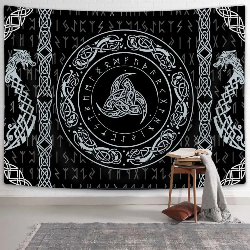 tapisserie art celtique motifs géométriques noirs blancs arbre vie runes oiseaux nordique salon