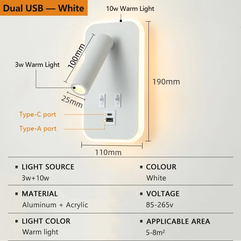 lampe murale led lecture moderne blanc noir cuivre usb projecteur backlight chambre entree