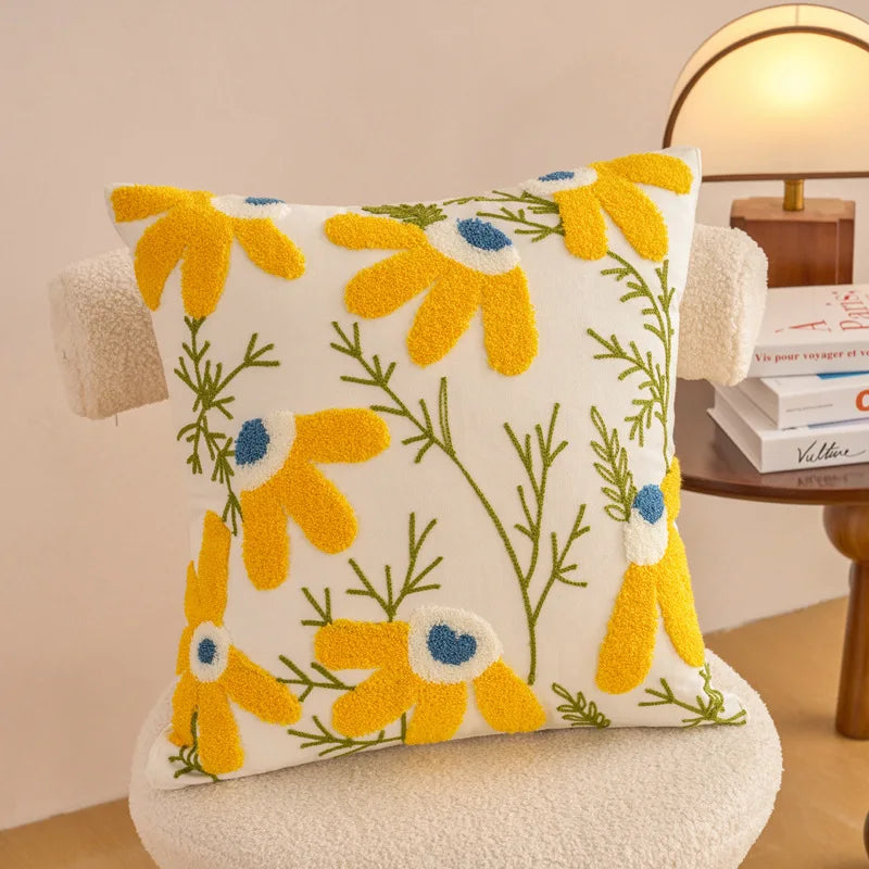 housse coussin décorative motif floral brodé moderne canapé salon lit maison blanc