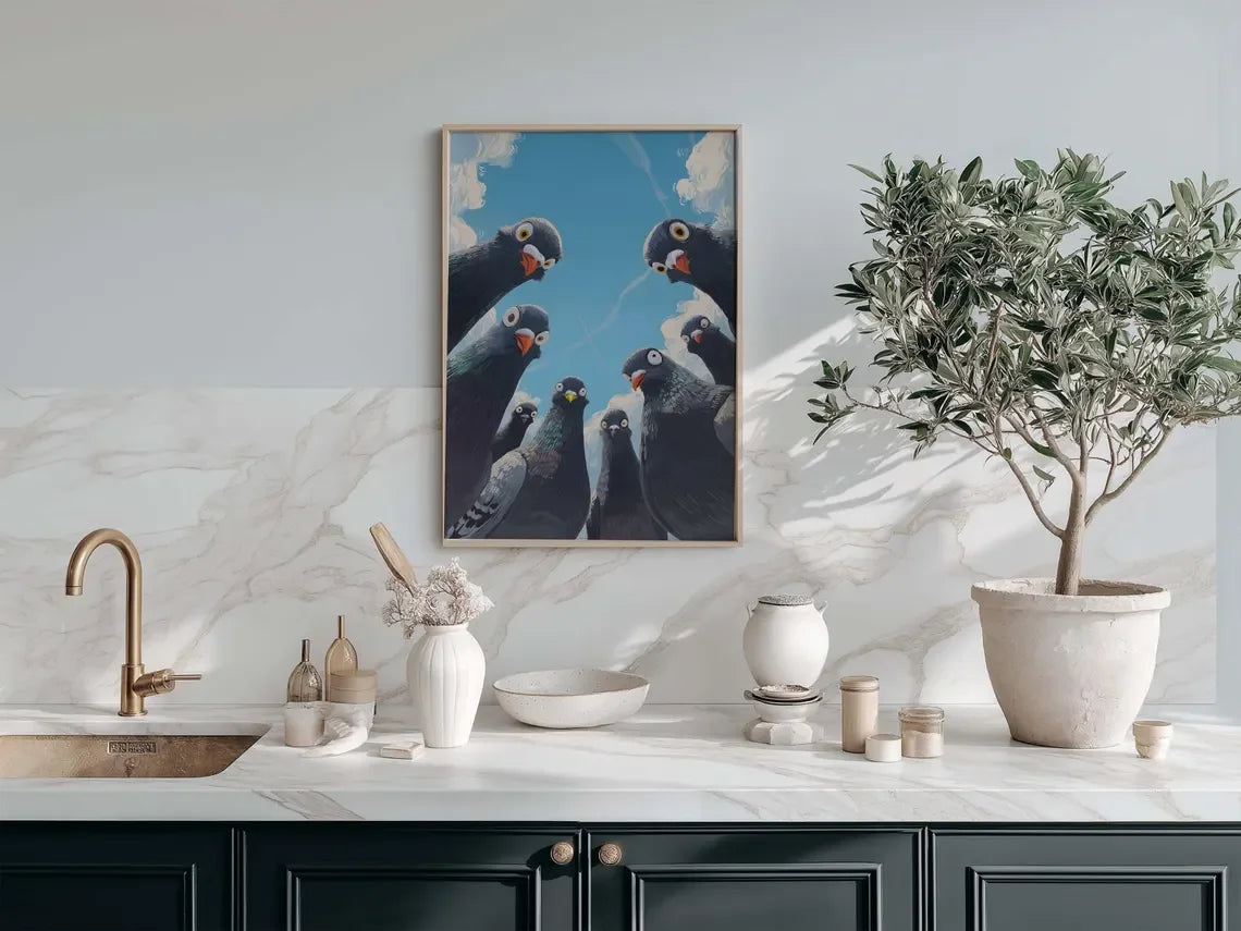 affiche oiseaux rétro peinture toile oiseaux bleu blanc vert contemporain cadre bois