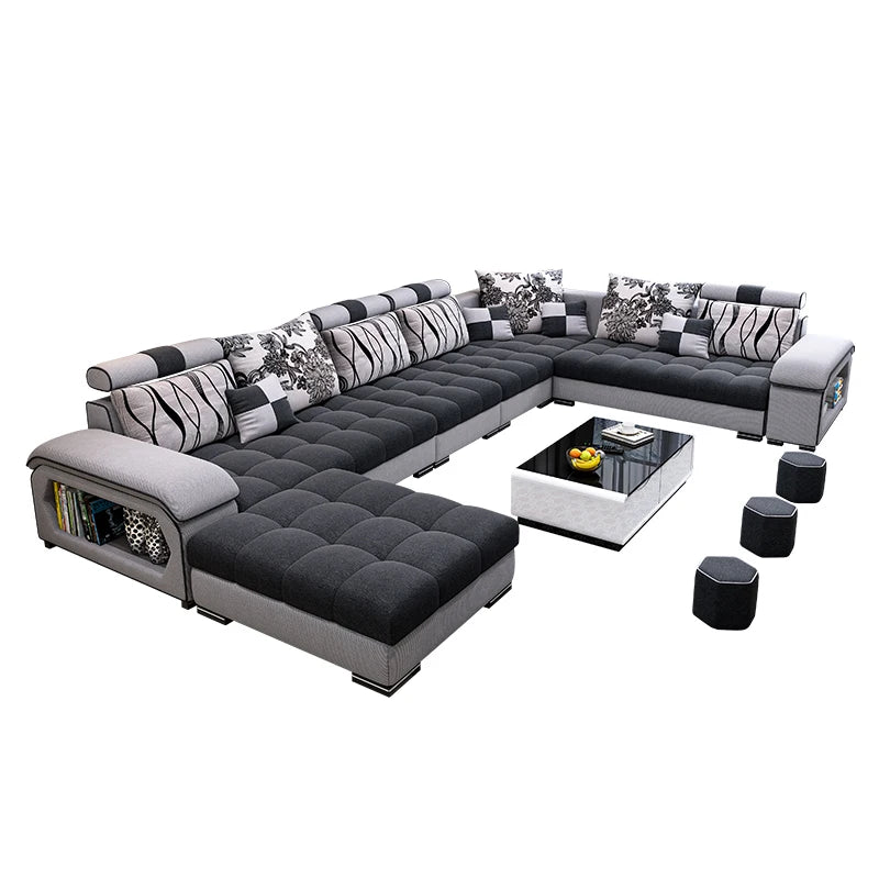 canapé d'angle forme cuir véritable coussins abstraits moderne salon gris noir beige