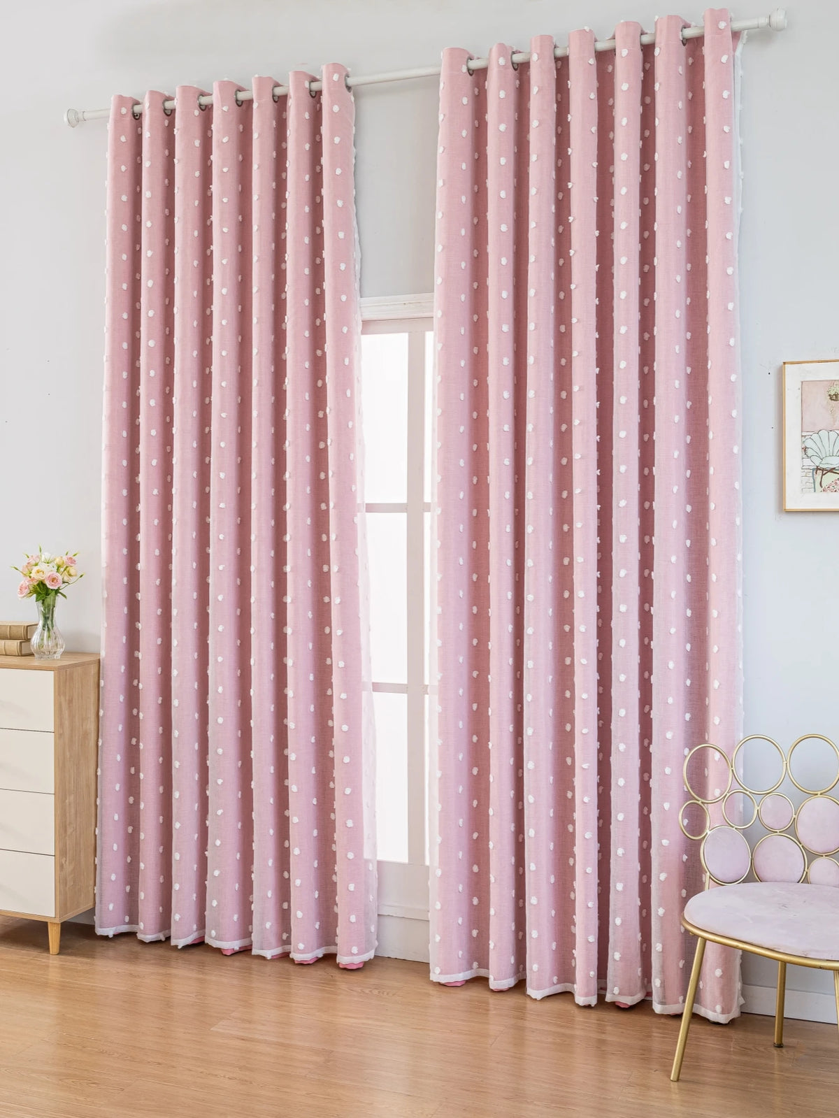 rideau occultant rose clair pois blancs moderne anneaux salon chambre