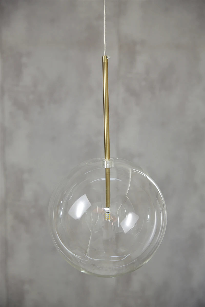 suspension lumineuse transparente moderne sphères verre chromé chambre salon pendentif led interrupteur bouton