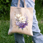 sac main toile floral beige fleurs blanches violettes respectueux environnement multifonction poignées tissu