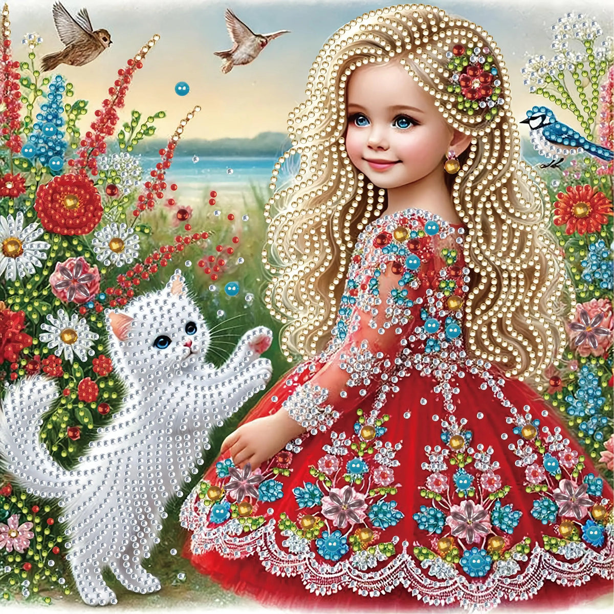 tableau décoratif portrait fille chat floral résine moderne détaillé rouge blanc vert bleu doré