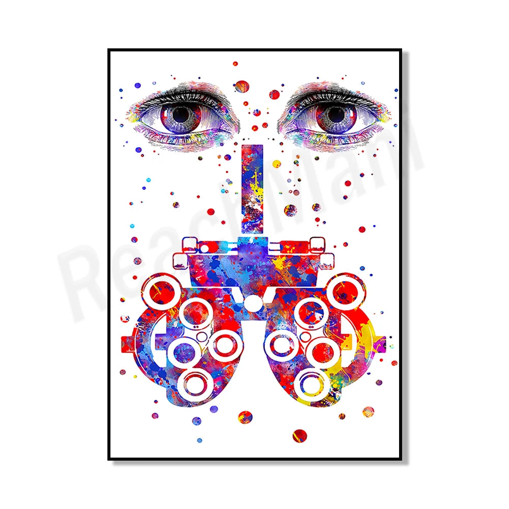 Une illustration abstraite aux couleurs vives montrant deux grands yeux expressifs entourés d'éléments géométriques et de taches colorées.