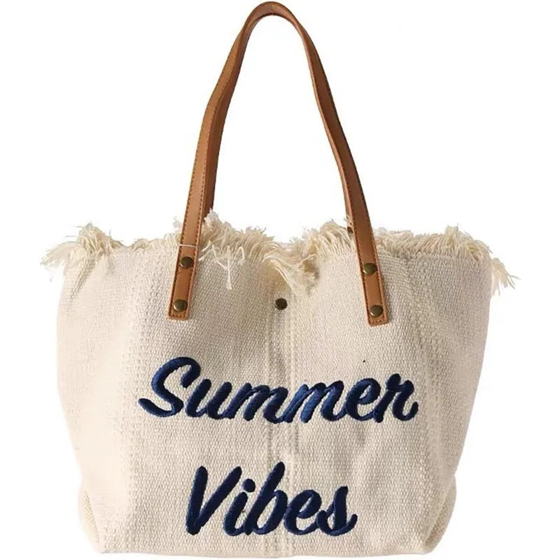 sac main toile vert olive rose beige clair franges été pliable durable haute qualité