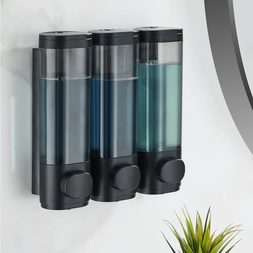 distributeur savon noir transparent moderne fixation murale bouton déclenchement lisse minimaliste