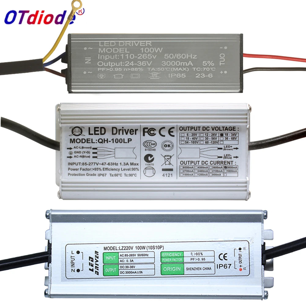 pilote led 100w argenté ip65 ip67 constant current driver câbles colorés certification gs haute