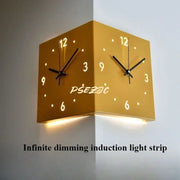 horloge murale moderne minimaliste double face couleur jaune blanc gris fixations angulaires salon