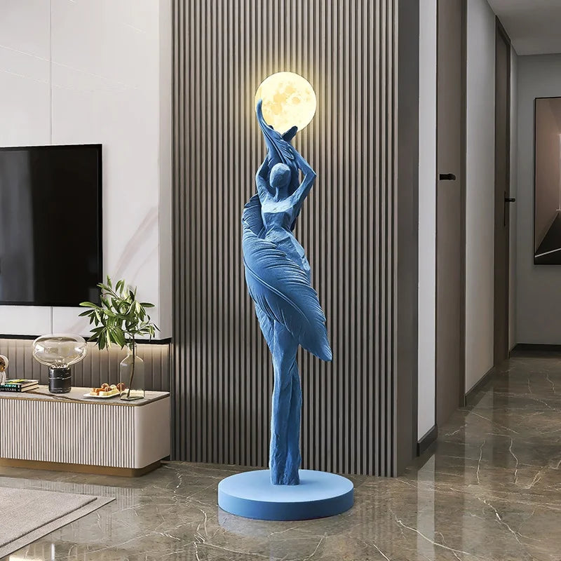 statue femme lune lampadaire moderne résine blanc noir bleu marron ondulé led minimaliste