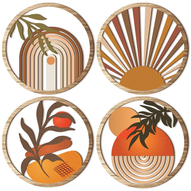 décorations murales bois clair orange marron vert motifs abstraits boho vintage moderne fixations noires