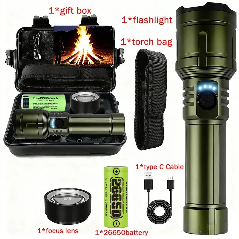 lampe torche rechargeable zoom modes indicateur charge sortie usb type étanche camping