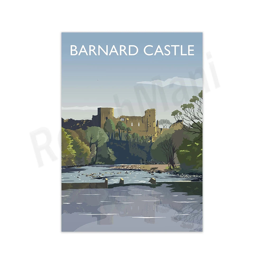 Magnifique illustration du château de Barnard surplombant un lac paisible entouré de collines verdoyantes et d'arbres dégarnis, captant l'essence de ce site historique.
