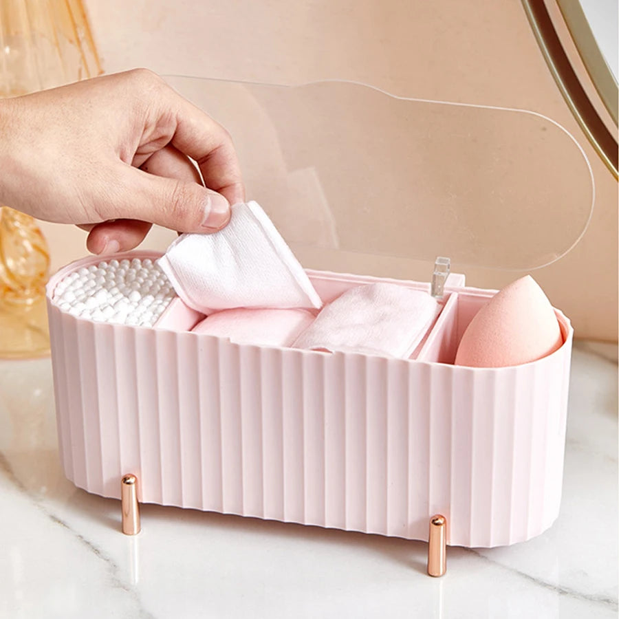 organisateur cosmétiques boîte rose rayées moderne pieds métalliques éponge lingettes cotonnets pochette rangement
