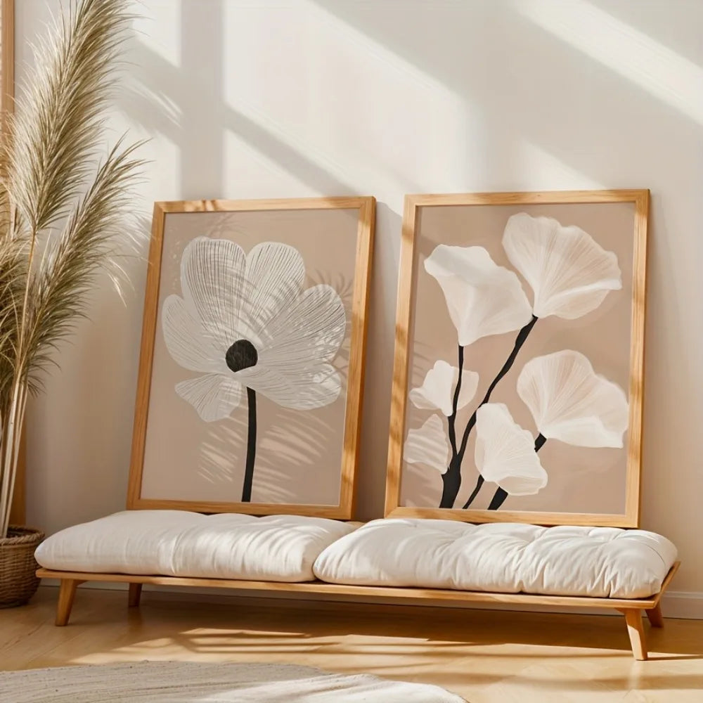 toile d'art minimaliste moderne fleurs stylisées abstrait beige blanc noir sans cadre