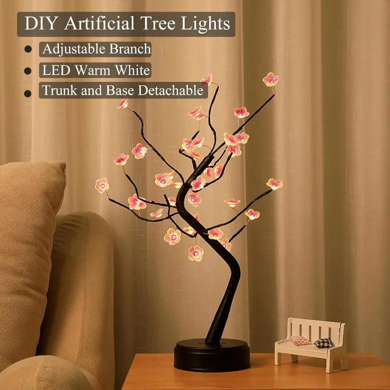 arbre artificiel lumineux veilleuse usb led base circulaire noir rose clair moderne minimaliste