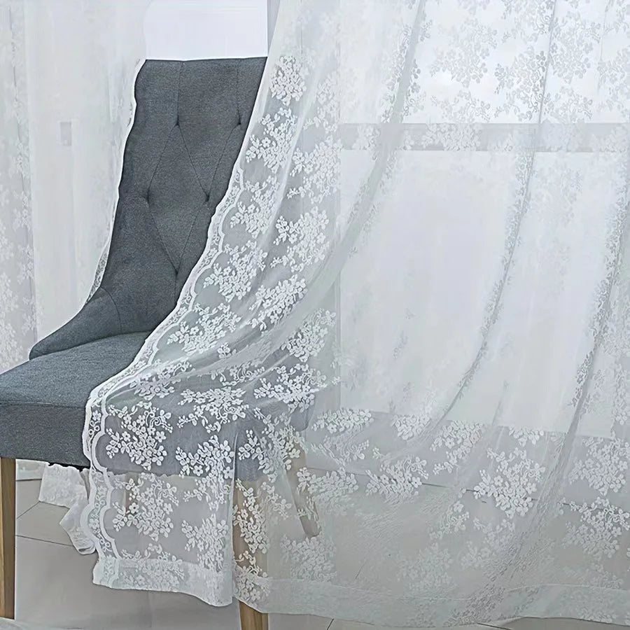 rideau broderie florale blanc transparent classique deux panneaux polyester coton moderne chambre salon