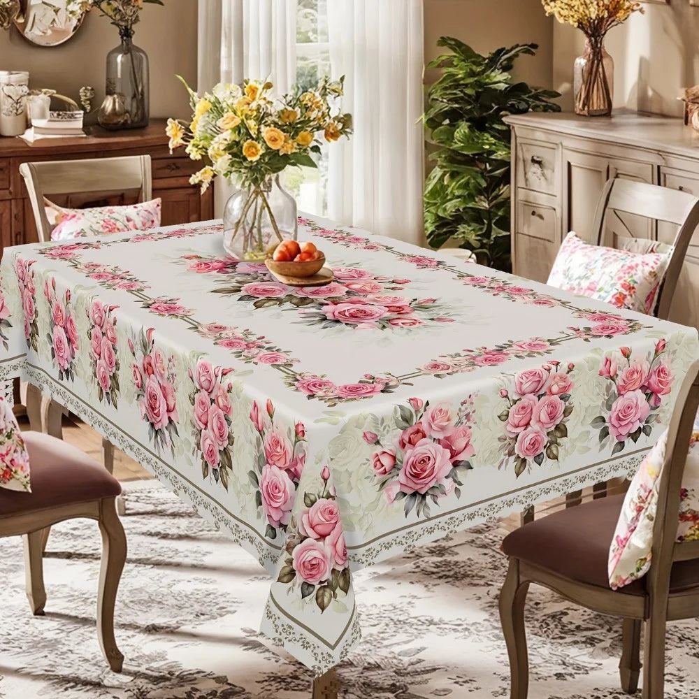 nappe fleur rose printemps moderne rectangle maison décoration table verre assiette couverts