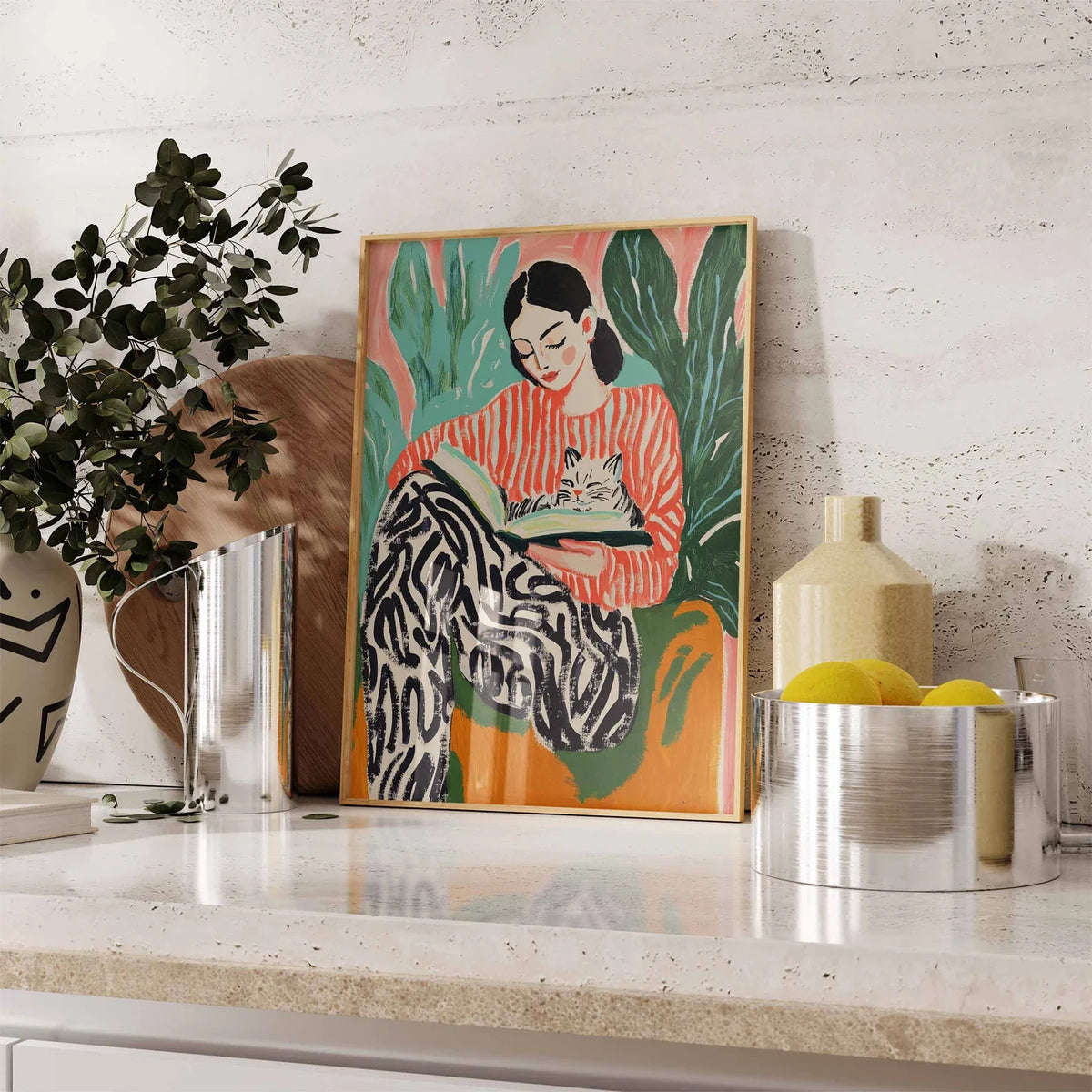 tableau illustration femme chat abstraite moderne orange vert noir blanc