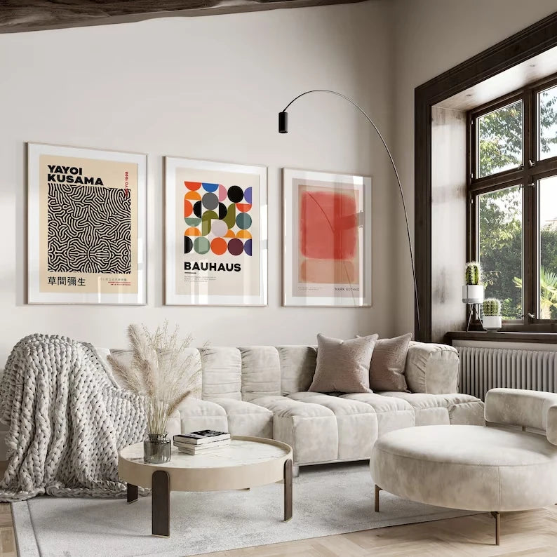 affiches murales contemporaines multicolores géométriques cadre bois salon chambre decoration abstraite zébrée graphique minimaliste