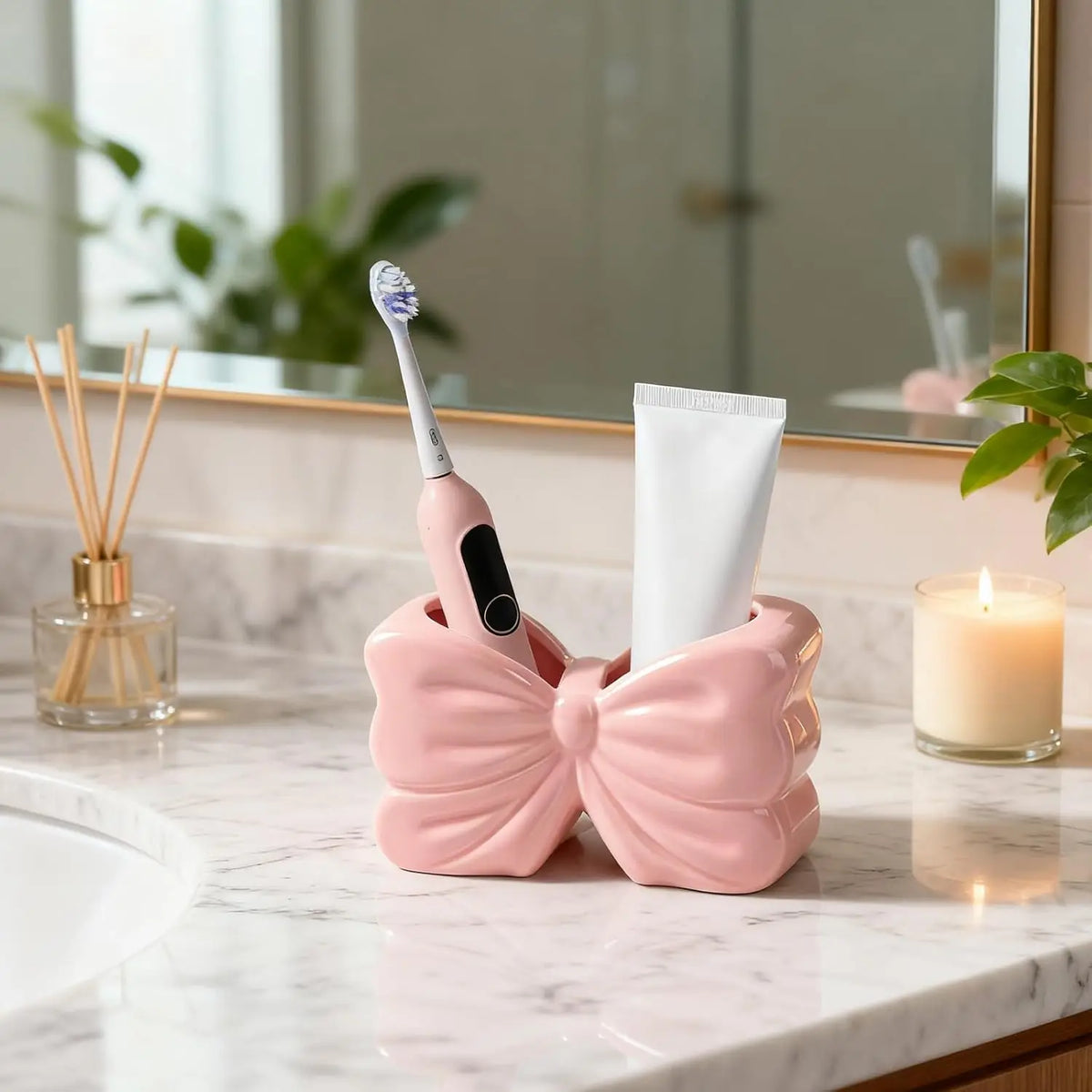 porte brosses dents nœud papillon rose blanc moderne salle bain coiffeuse