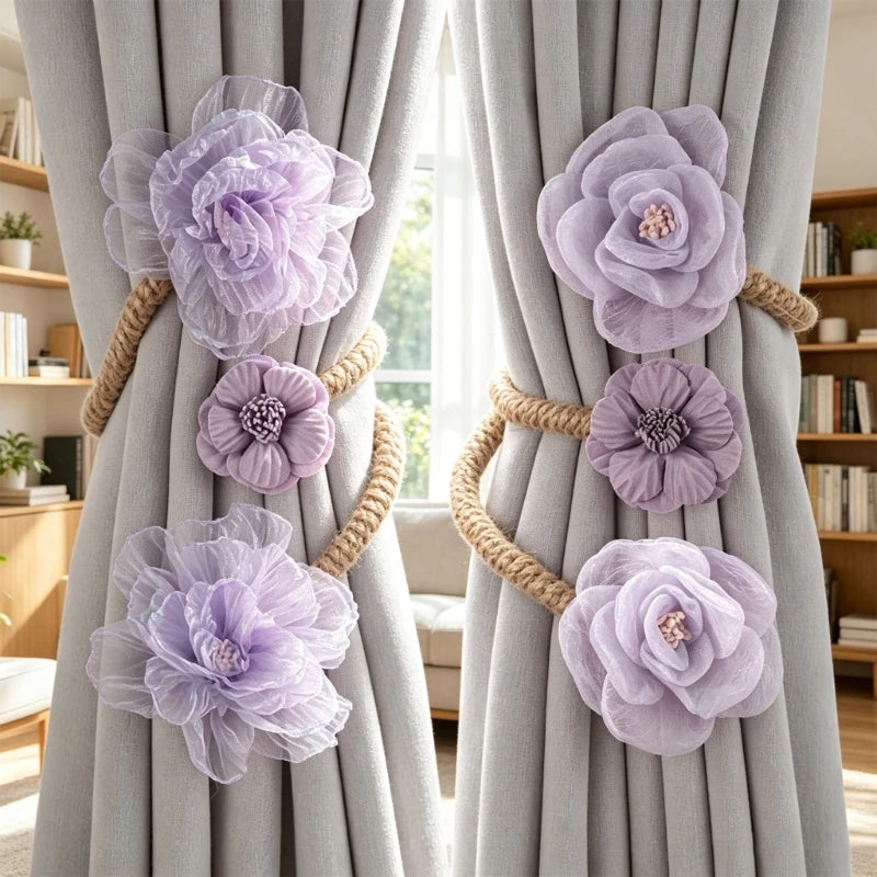 boucles rideau violet rose bleu clair blanc fleurs tulle noeuds corde opaques décoratifs