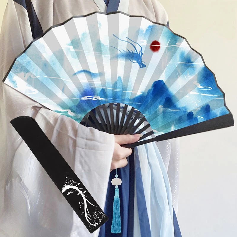 éventail traditionnel japonais paysages oiseaux bambou motifs floraux tassel noir bleu art traditionnel
