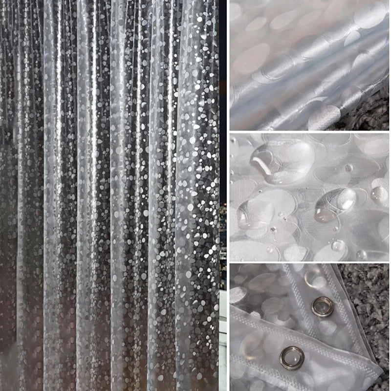 rideau douche moderne transparent gris clair blanc motifs géométriques anneaux métalliques respectueux environnement