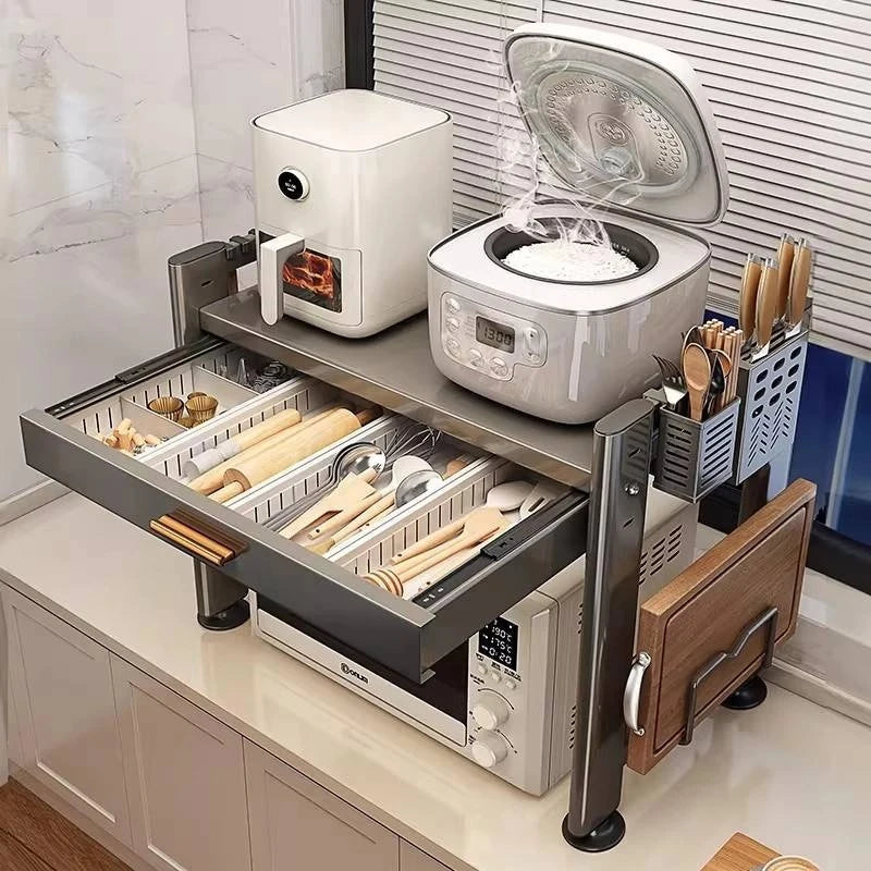 rangement cuisine tiroirs acier inoxydable gris noir moderne batteur cuillères couteaux toaster friteuse
